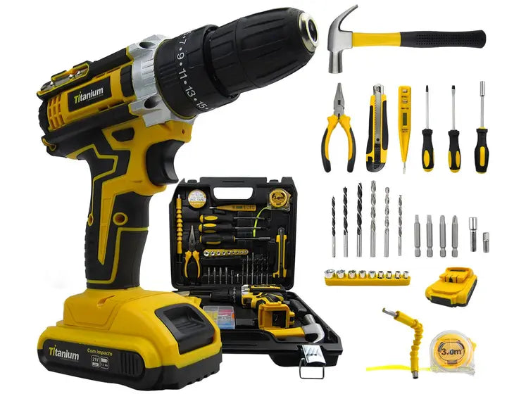Furadeira e Parafusadeira Titanium 5 em 1 | 21V com Impacto + 2 Baterias + Maleta Completa de Ferramentas